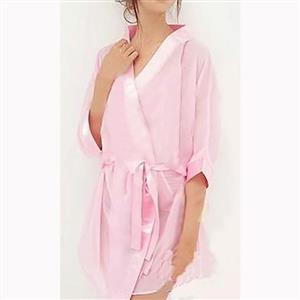 Sexy Pink Half Sleeve See-through Mesh Nightgown Bathrobe with Belt N17463
