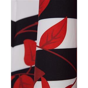 Women's Half Sleeve Stripe Red Leaves Pattern Trench Coat  N15814
