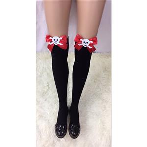 Halloween Pure Black French Maid Cosplay Red Bowknot with Skeleton Anime Stockings HG18459
