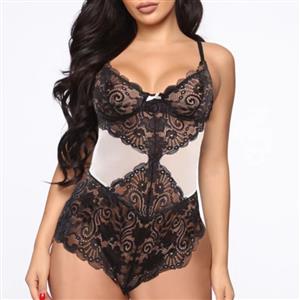 Sexy Sheer Floral Lace Spaghetti Straps Backless Bodysuit Teddy Lingerie N20041