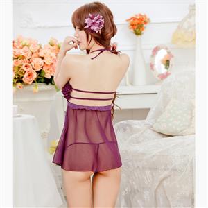 Sexy Purple Halter Backless Ruching See-through Babydoll Nightwear Lingerie N17515