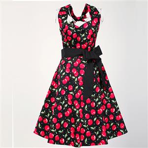 1950's Vintage Halter Cherry Print Casual Swing Dress N11925