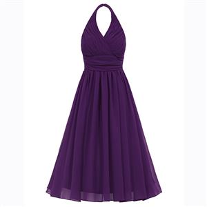 Sleeveless Halter Dress, Draped Ruched Chiffon Dress, Women's Purple Backless A-Line Dress, Purple Bridesmaid Dress, A-Line Prom Party Dress, Knee Length Chiffon Dress, #N15890