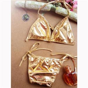 Sexy Gold Halter Lace-up Faux Leather Bra Top and Panty Bikini Lingerie Set N16557