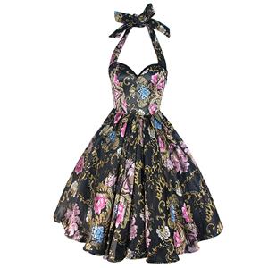Women's Peony Flower Retro Halter Dress N23520