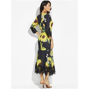 Women's Fashion High Neck Lace Patchwork Sunflower Print Fishtail Maxi Dress N14881
