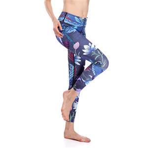 Women's Extra Soft Blue Chinese Style Printed High Waist Long Yoga Sport Leggings L16345