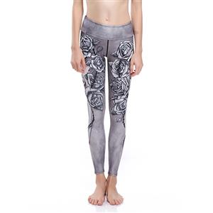 Women's Extra Soft Gray Rose Printed High Waist Long Yoga Sport Leggings L16350