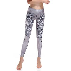 Women's Extra Soft Gray Rose Printed High Waist Long Yoga Sport Leggings L16350