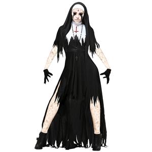 Hot Sale Halloween Costume, Crazy Scary Costume, Women's Scary Nun Costume, Cheap Halloween Nun Costume, Horrible Black Hallween Costume, Women's Dreadful Nun Costume,#N14734