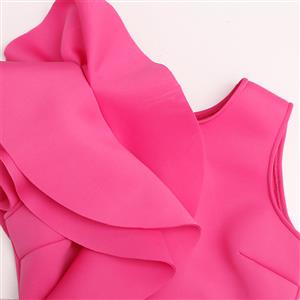 Women's Sexy Hot-Pink Round Neck Ruffled Sleeveless Bodycon Dress N15643