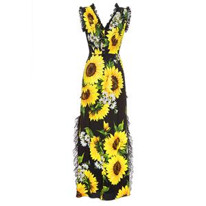 Hot Summer V Neck Pleated Patchwork Sunflower Pint Maxi Dress N13095