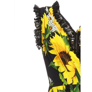 Hot Summer V Neck Pleated Patchwork Sunflower Pint Maxi Dress N13095