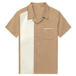 Khaki Male Retro Splicing Panel Casual Fifties Bowling Shirt N16689
