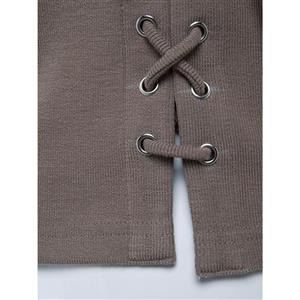 Women's Khaki One Shoulder Oblique Neck Long Sleeve Lace-up Blouse N15562