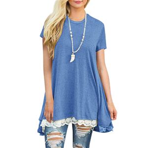 Elastic Blue T-Shirt Dresses, Cotton T-Shirt Dresses, Long Blouse Top, Sleeveless Top Mini Dress, Sexy Short sleeve Casual Shirt Dress, Lace Splicing Casual T-Shirt, #N16467