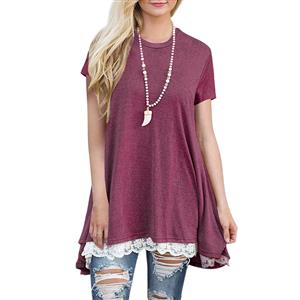Women's Sexy Red Round Neck Short sleeve Lace Splicing Casual T-Shirt Dresses N16468