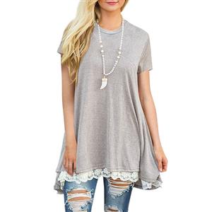 Women's Sexy Gray Round Neck Short sleeve Lace Splicing Casual T-Shirt Dresses N16469