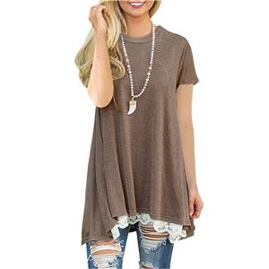 Women's Sexy Khaki Round Neck Short sleeve Lace Splicing Casual T-Shirt Dresses N16470