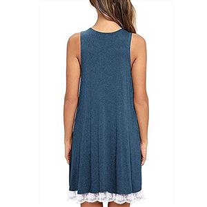 Sexy Blue Sleeveless Lace Splicing Casual T-Shirt Dresses with Pockets N16449