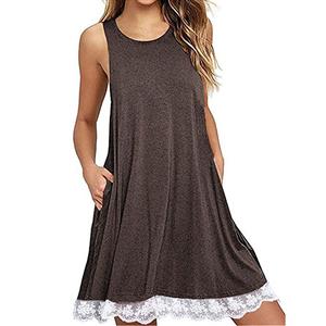 Sexy Khaki Sleeveless Lace Splicing Casual T-Shirt Dresses with Pockets N16450