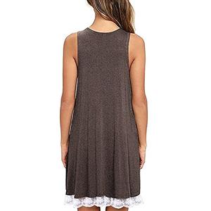 Sexy Khaki Sleeveless Lace Splicing Casual T-Shirt Dresses with Pockets N16450