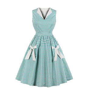 Lake Blue Grid Bowknots Elegant V-neck Sleeveless Hight Waist Midi Dress with Pocket N18267