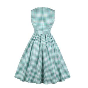 Lake Blue Grid Bowknots Elegant V-neck Sleeveless Hight Waist Midi Dress with Pocket N18267