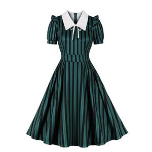 Women's Retro Striped Short-Sleeved Dress With Slim Lapels Snd OL Style Shirt Dress N23431