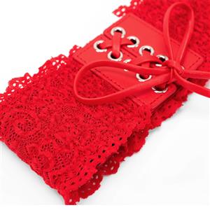 Fashion Red Faux Leather Floral Lace Lace-up Elastic Wide Waist Belt N16941