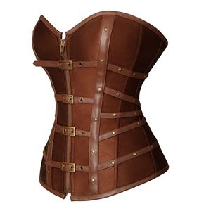 Sexy Brown Leather and Satin Buckle-up Zipper Corset N22904