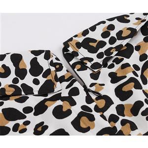 Vintage Leopard Print Sideway Collar Short Sleeve Midi Dress N18875