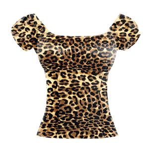 Fashion Leopard Printed Shirt, Casual Short Sleeve Tops, Leopard Printed Slim Fit T-shirt, Women's Casual Printed T-shirt, Off Shoulder Leopard Pattern T-shirt, Fashion Casual Short Sleeve Tops, #N20155