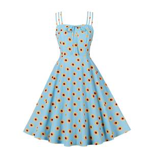 Light-blue Daisy Print Spaghetti Straps Sleeveless High Waist Summer Party Swing Slip Dress N22998