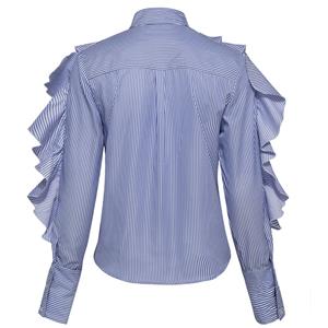 Women's Sexy Light-Blue Stand Collar Long Sleeve Falbala Blouse Top N16031