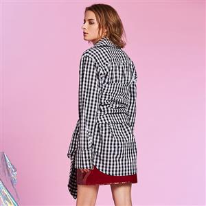 Women's Long Sleeve Checkered Waist Belt Casual Mid-Length Shirt N15436