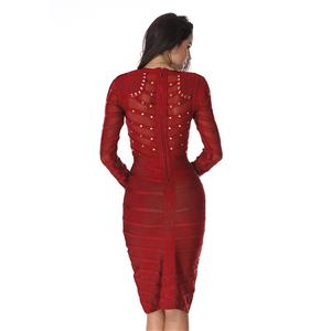 Women's Sexy Mesh Long Sleeve Metal Studded Bodycon Bandage Party Dress N15134