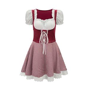 Women's Wine-red Adult Short Sleeve Maid Dress Cosplay Halloween Costume N23194