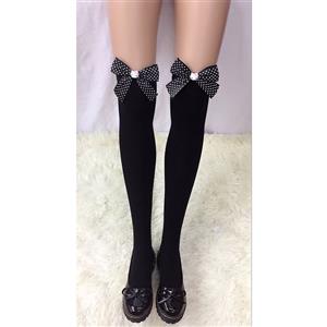 Lovely Pure Black French Maid Cosplay Black Bowknot with Cartoon Cat Anime Stockings HG18458