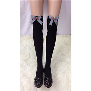 Lovely Pure Black French Maid Cosplay Black Grid Bowknot with Cherry Stockings HG18475