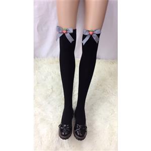 Lovely Pure Black French Maid Cosplay Black Grid Bowknot with Strawberry Stockings HG18478