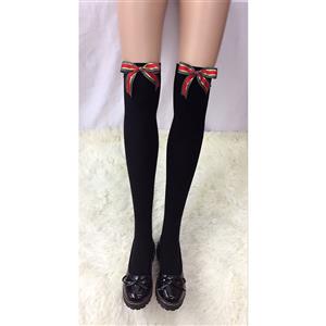 Lovely Black Stockings, Sexy Thigh Highs Stockings, Pure Black Cosplay Stockings, Christmas Color Bowknot Thigh High Stockings, Black Spots Bowknot Stocking, Stretchy Nightclub Knee Stockings, #HG18481
