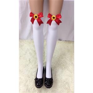 Lovely White Anime Red Bowknot and Sun Flower French Maid Cosplay Stockings HG18524