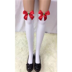 Lovely White Anime Stockings with Red Bowknot and Christmas Tree Maid Cosplay Stockings HG18526