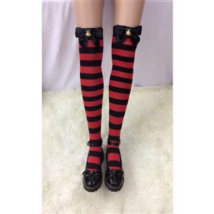 Lovely Red-black Strips with Black Bowknot with Christmas Bell Maid Cosplay Stockings HG18520