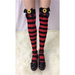 Lovely Red-black Strips Black Bowknot with Sunflower Maid Cosplay Stockings HG18534