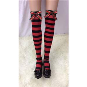 Lovely Red-black Strips with Christmas Color Bowknot Maid Cosplay Stockings HG18521