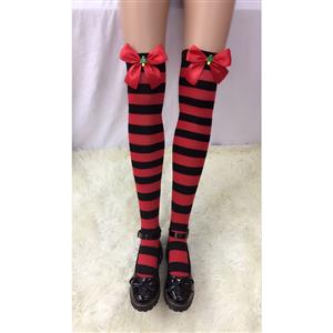 Lovely Red-black Strips with Red Bowknot with Christmas Tree Maid Cosplay Stockings HG18518