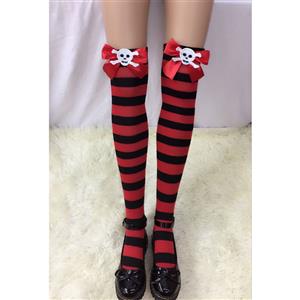 Halloween Red-black Strips Red Bowknot with Skeleton Maid Cosplay Stockings HG18539