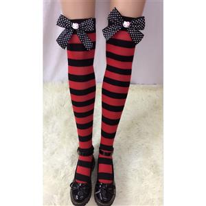 Lovely Red-black Strips Spots Bowknot with Cartton Cat Maid Cosplay Stockings HG18538